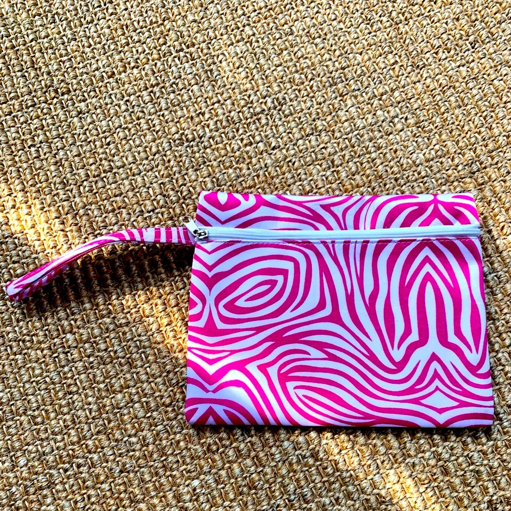 Pink and white zebra print wristlet bag Cosmetic makeup bag